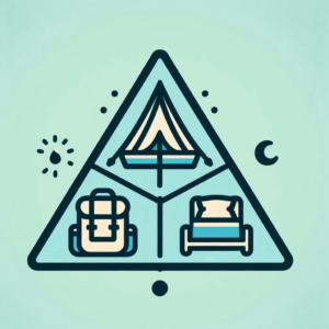 Cartoon illustration of the Big 3 backpacking essentials: a tent, backpack, and sleeping system.