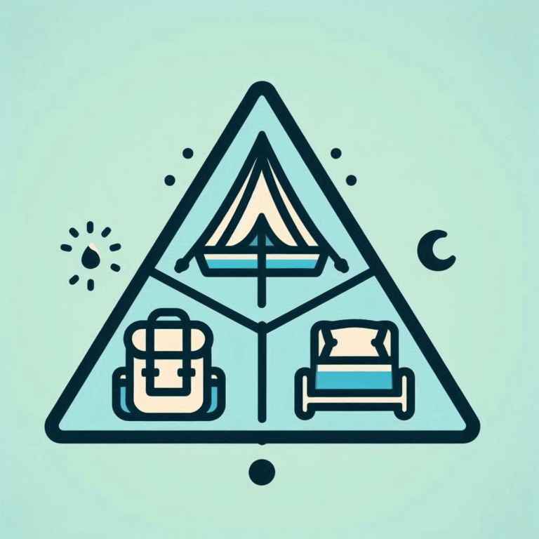 Cartoon illustration of the Big 3 backpacking essentials: a tent, backpack, and sleeping system.