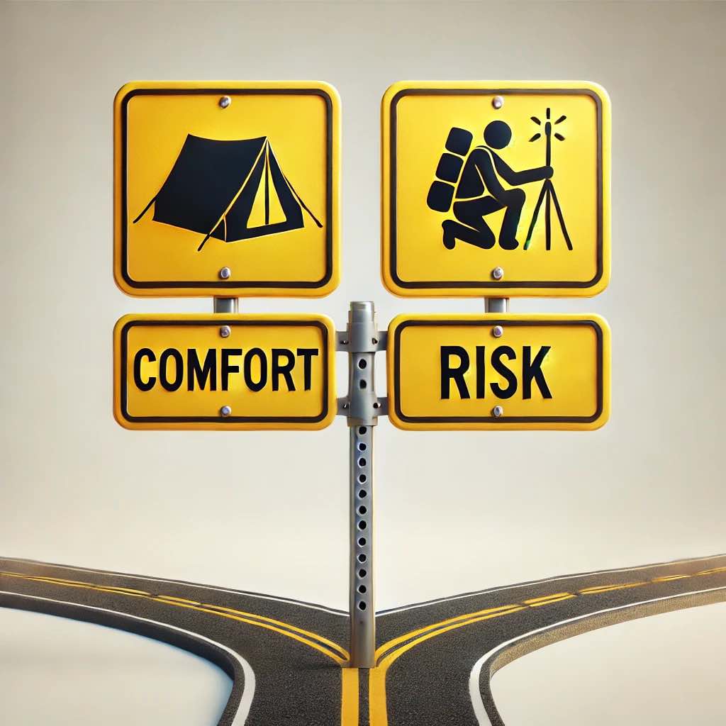 This image illustrates the sentiment that hikers must balance speed, comfort, and safety with the risks associated with going ultralight.