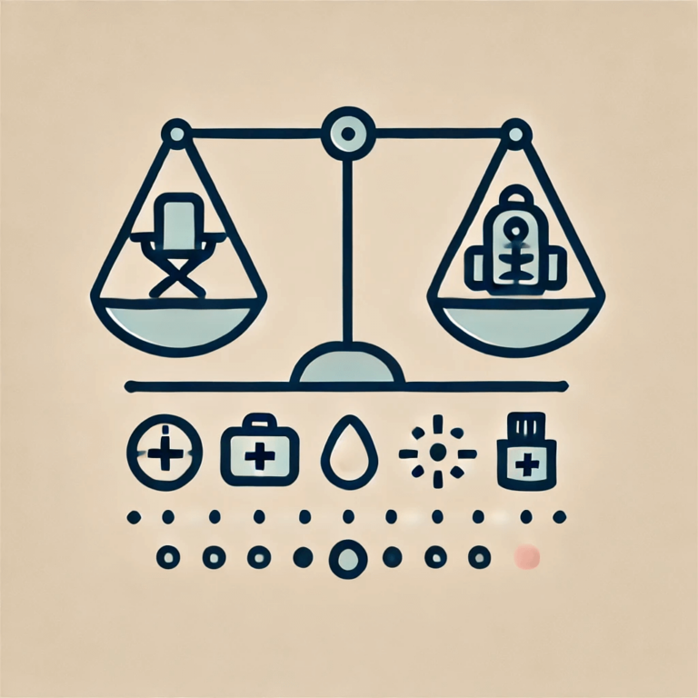 Minimalist stylized image of a balanced scale with a different backpacking choices, representing the balance between comfort and weight in ultralight backpacking.