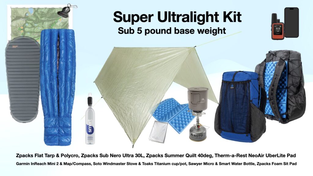 Super ultralight backpacking gear kit including Zpacks Flat Tarp, Zpacks Sub Nero Ultra 30L backpack, Zpacks Summer Quilt 40-degree, Therm-a-Rest NeoAir UberLite pad, Garmin InReach Mini 2, Soto Windmaster Stove, Toaks Titanium cup/pot, Sawyer Micro, Smart Water Bottle, and Zpacks Foam Sit Pad.