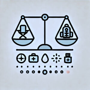 Minimalist stylized image of a balanced scale with a different backpacking choices, representing the balance between comfort and weight in ultralight backpacking.