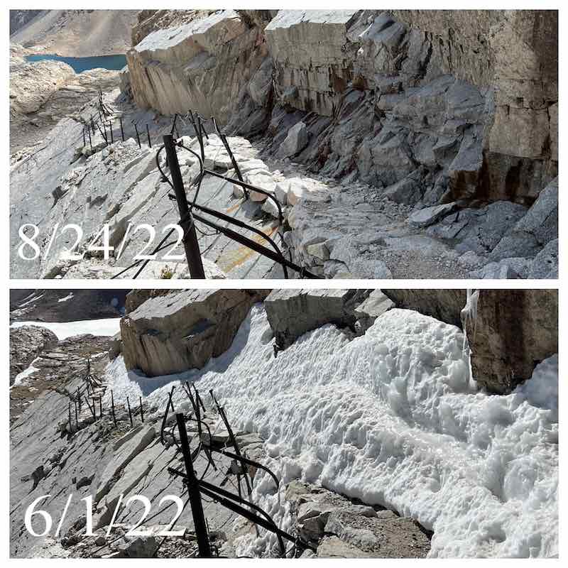 Comparison of Mount Whitney cable section during shoulder season with snow and clear summer conditions, highlighting the increased difficulty.