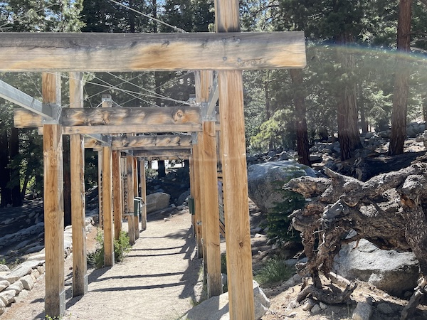 Exit view of the Mount Whitney Portal arches, with sunlight filtering through the trees and a dirt path leading away.