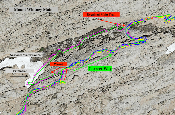 Close-up of my wrong turn below Trail Camp on Mount Whitney, showing where I regained the trail and the correct path forward.